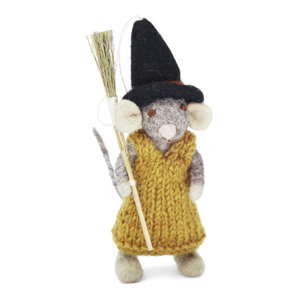 Graue Maus mit okka farbenen Kleid und Besen