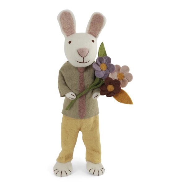 Filz XL- weißer Hase mit grünem Oberteil und Blumenstrauß