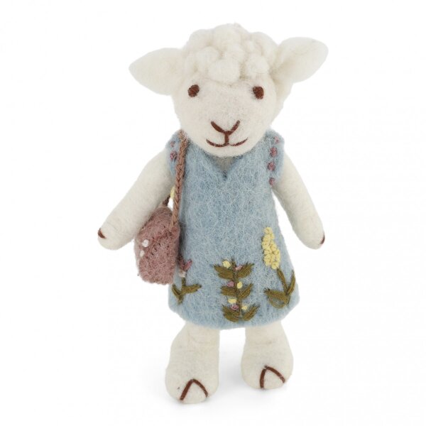 Filz Schaf weiß mit blauem Kleid und Tasche