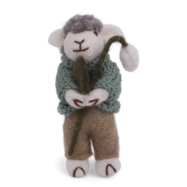 Filz Schaf mit grüner Jacke und Schneeglöckchen