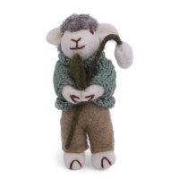 Filz Schaf mit grüner Jacke und Schneeglöckchen
